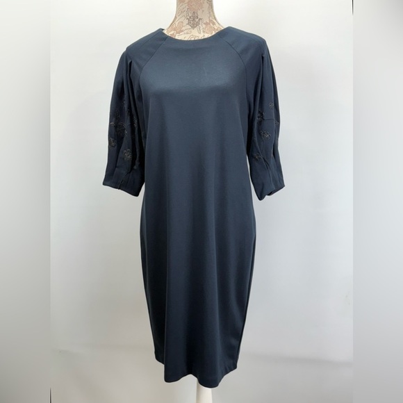 H&M Navy embroidered puff sleeve midi shift dress size M - Picture 4 of 13